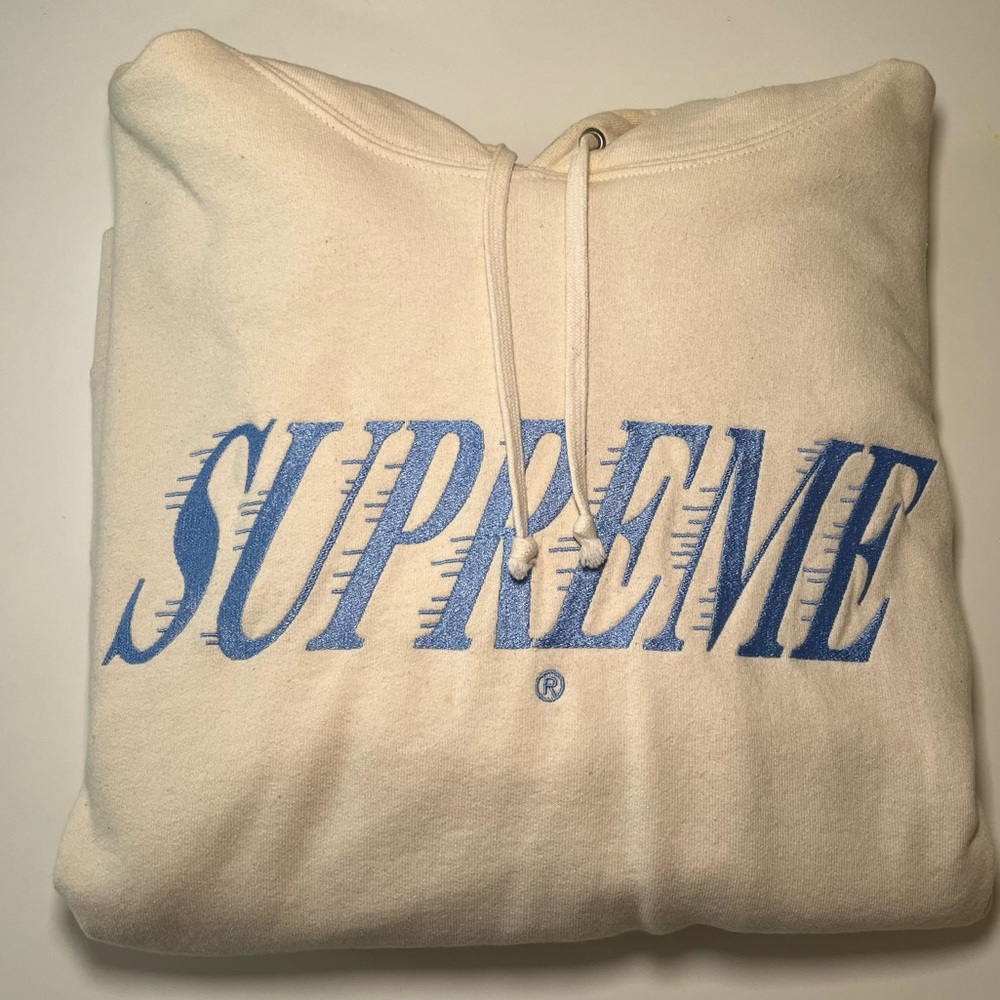 SUPREME CREAM CROSSOVER HOODED SWEATSHIRT LIGHT BLUE LOGO